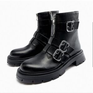 Zara Leather Motorcycle Boots With Buckles and Lug Soles size 36 /5.5
